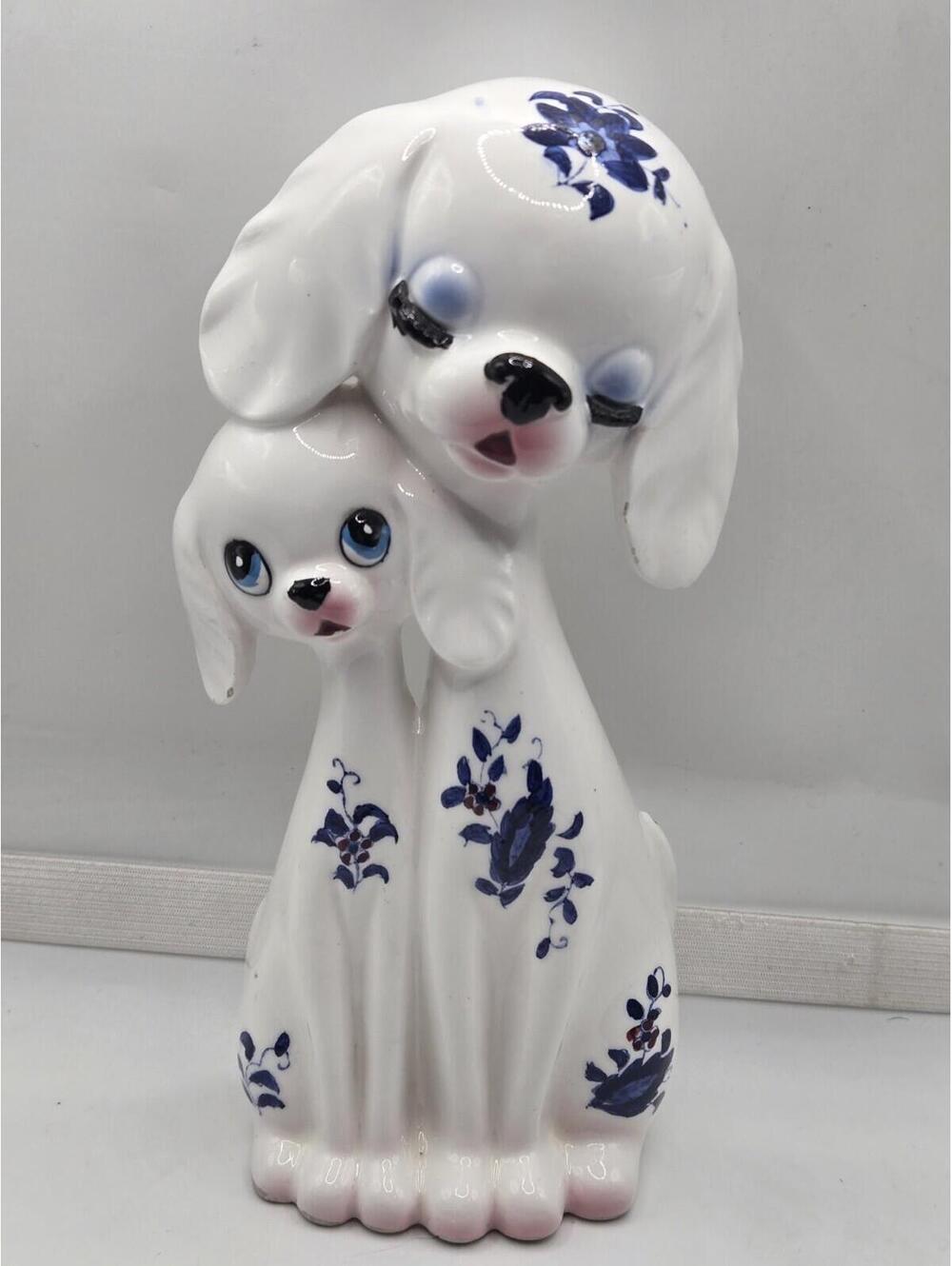 Vtg MCM Japan Long Neck Dog Figurine Kitsch White Blue Floral Eyelash MCM Tilso